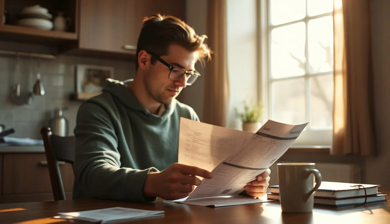 Person reviewing monthly bank statement showing disability payment deposit at kitchen table
