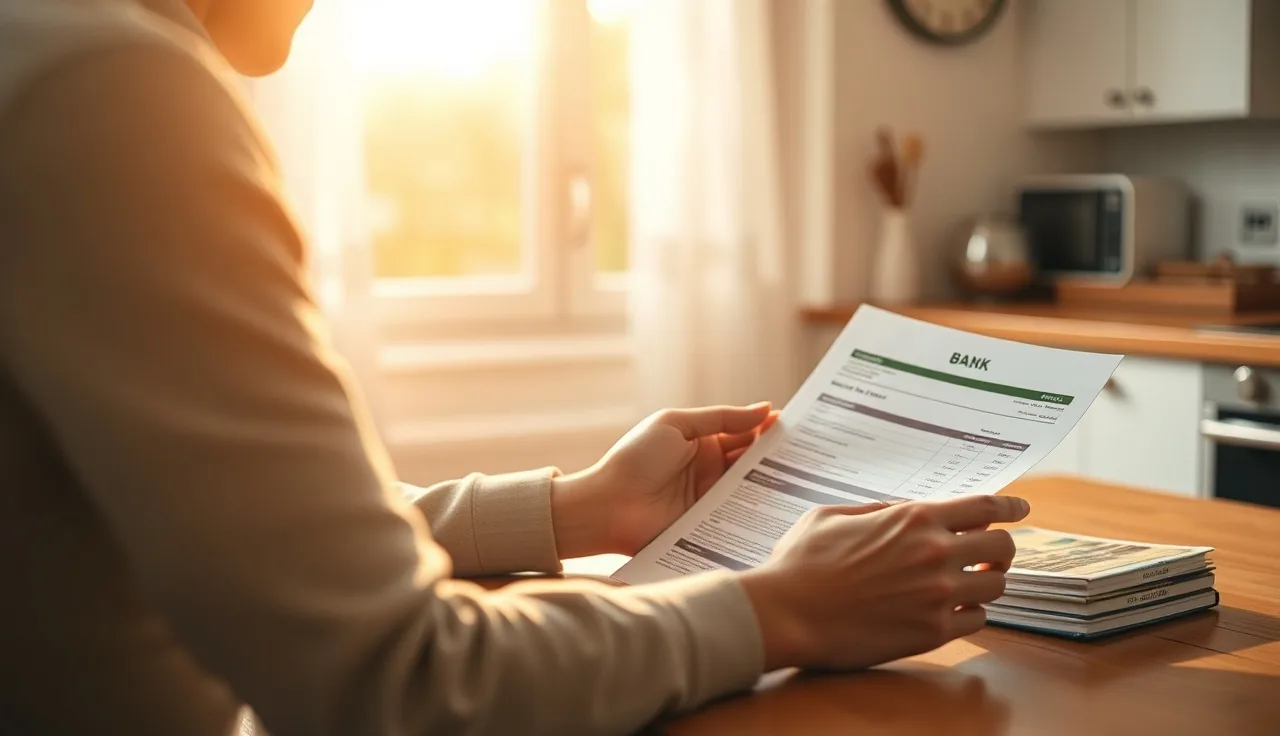 Person reviewing bank statement at kitchen table with morning light