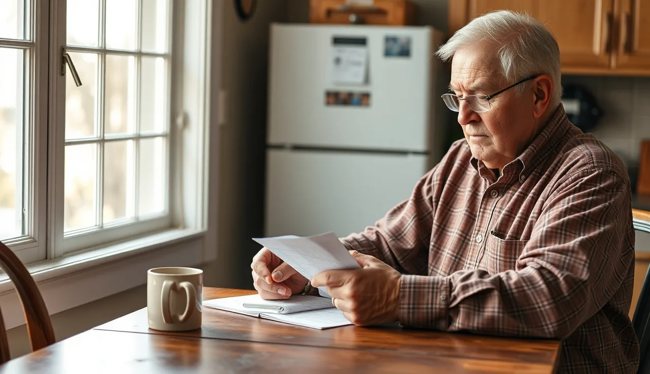 Man reviewing SSDI benefit paperwork at kitchen table in morning light