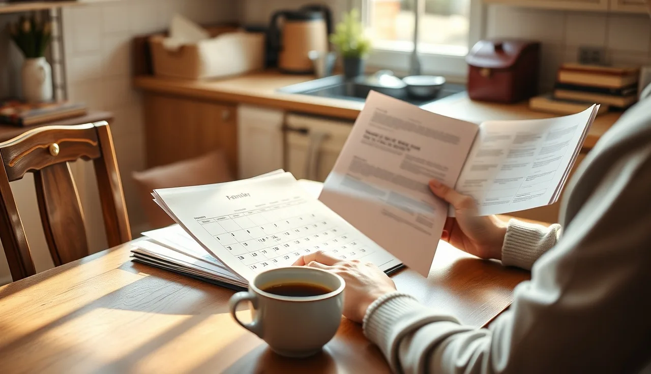 Person reviewing calendar and documents at kitchen table planning SSDI payment dates