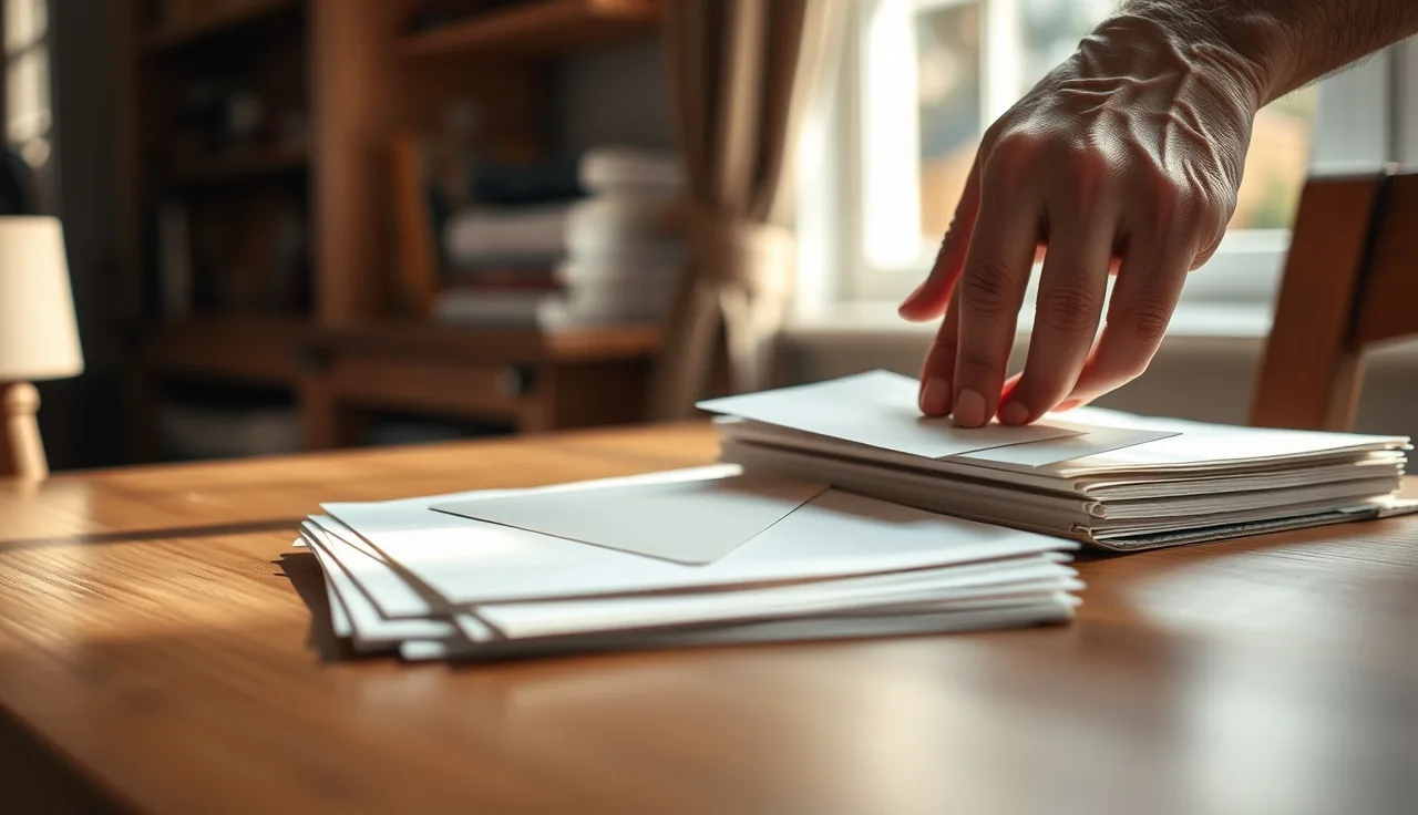 Hands organizing personal documents on a wooden table for a disability payment application