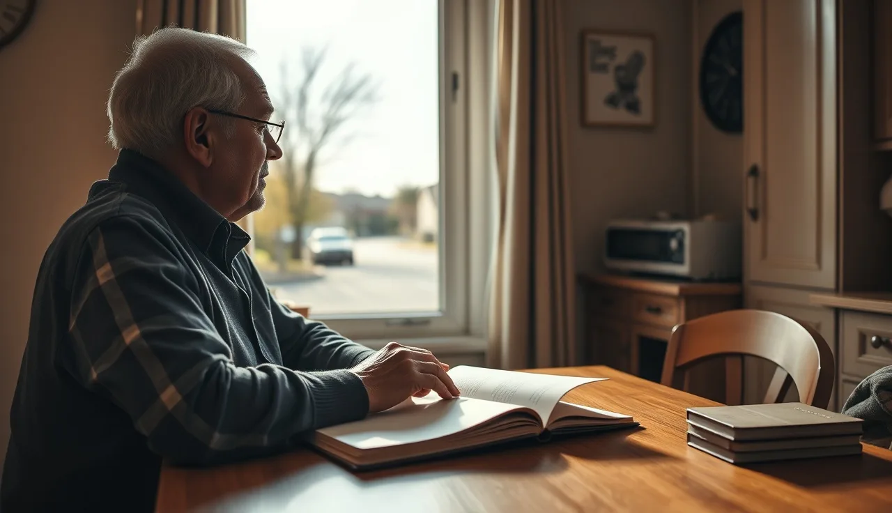 Older man at kitchen table reviewing SSDI payment paperwork in morning light