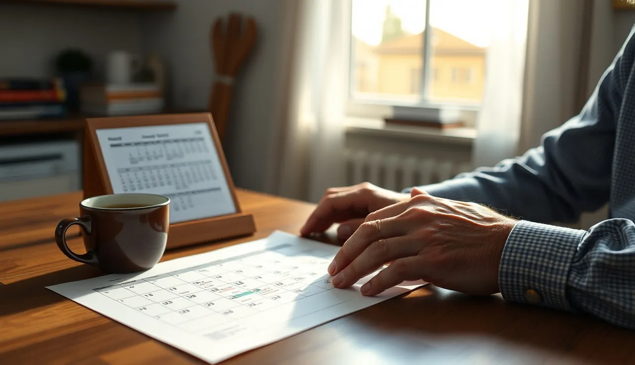 Hands resting on a monthly calendar on a kitchen table, morning light, disability payment planning