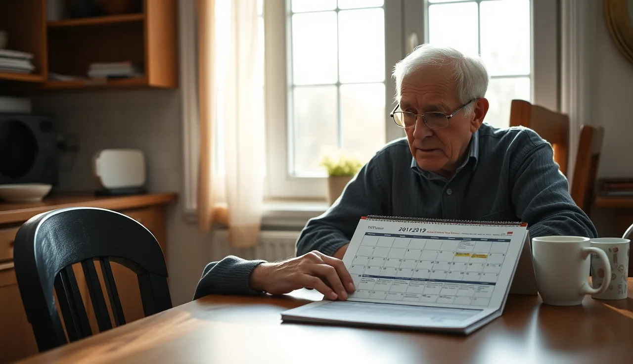 Older man reviewing a printed monthly calendar at a kitchen table
