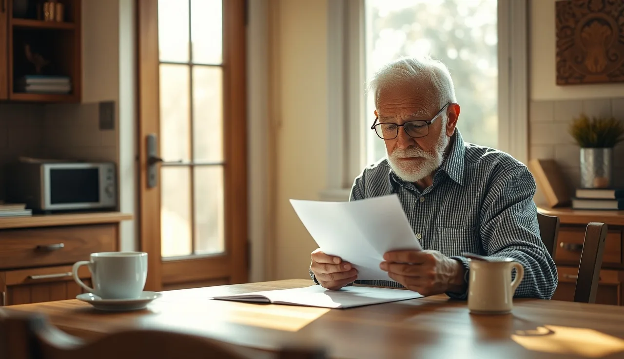 Older man reviewing his SSDI payment letter at a kitchen table in morning light