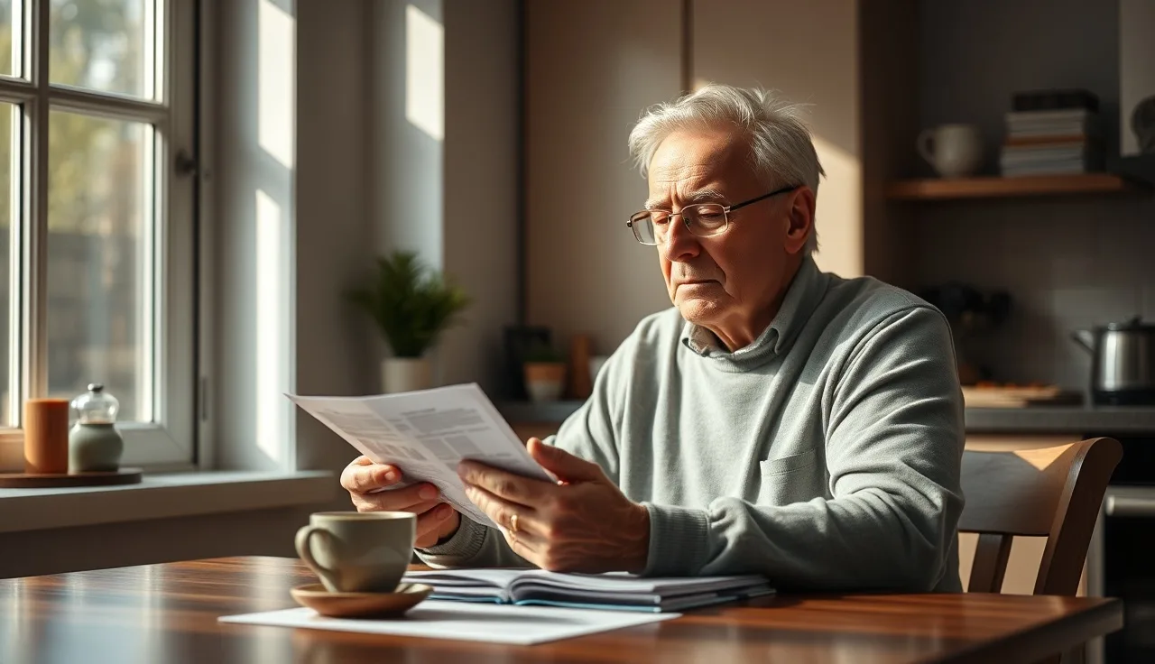 Man at kitchen table reviewing SSDI payment documents in morning light