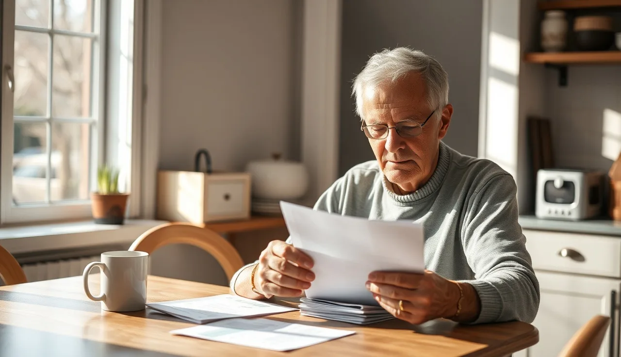 Man reviewing disability paperwork at kitchen table in morning light