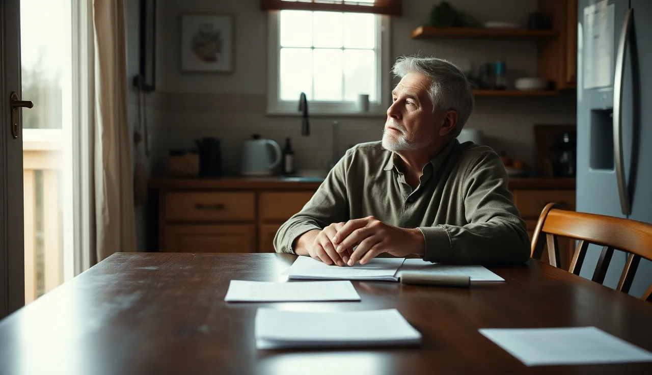 Man sitting at kitchen table with papers, applying for disability benefits