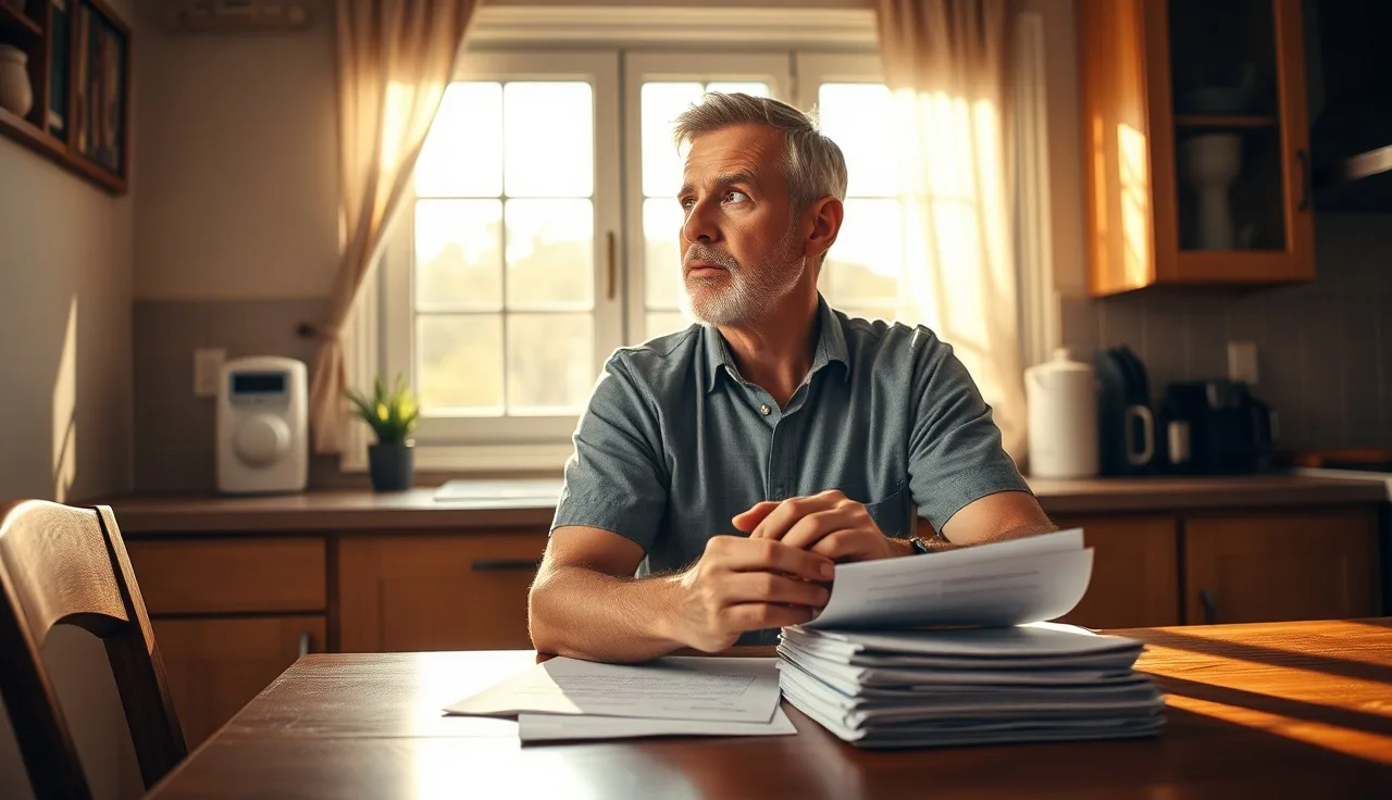 Adult man reviewing medical paperwork at kitchen table while applying for disability benefits