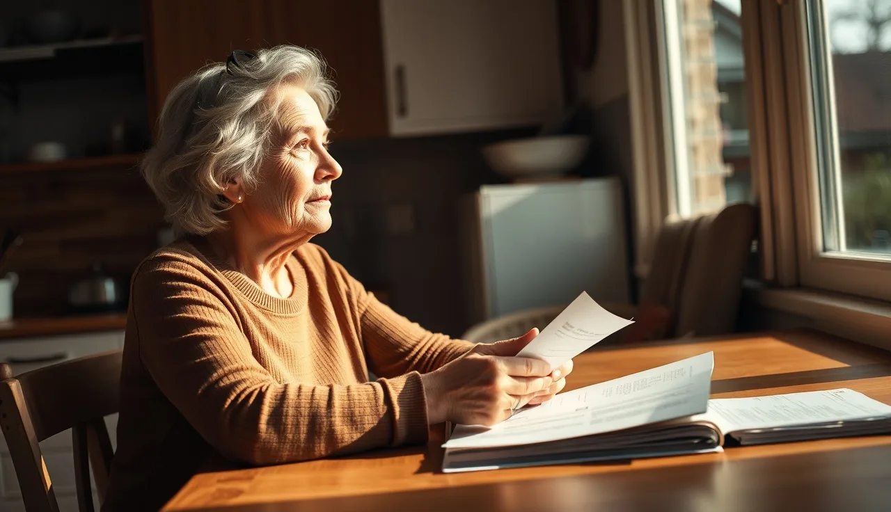 Woman sitting at kitchen table with disability paperwork in morning light