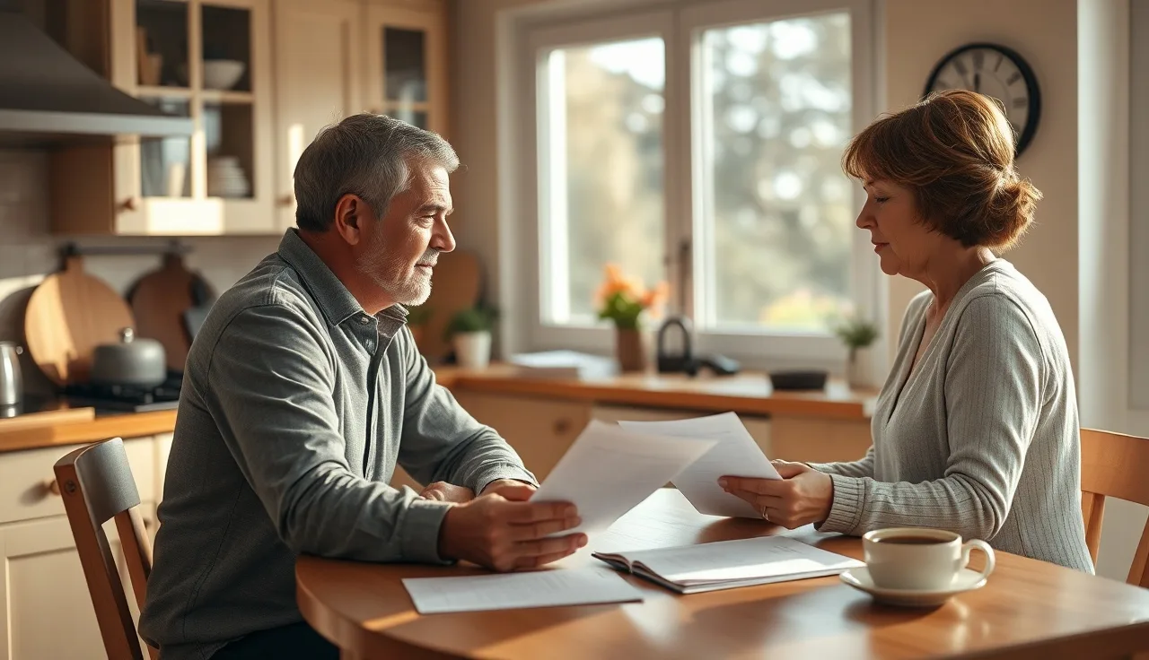 Two adults reviewing disability benefits paperwork at a kitchen table in morning light