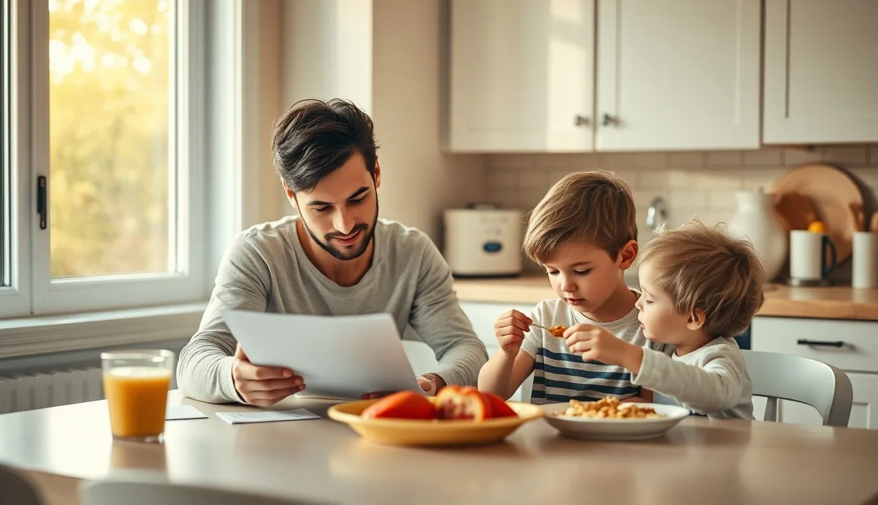 Parent reviewing documents with two children at a kitchen table, disability benefits context