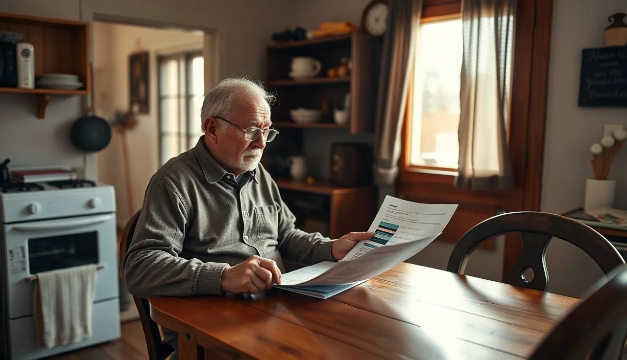 Older man with cane reviewing disability benefit paperwork at kitchen table
