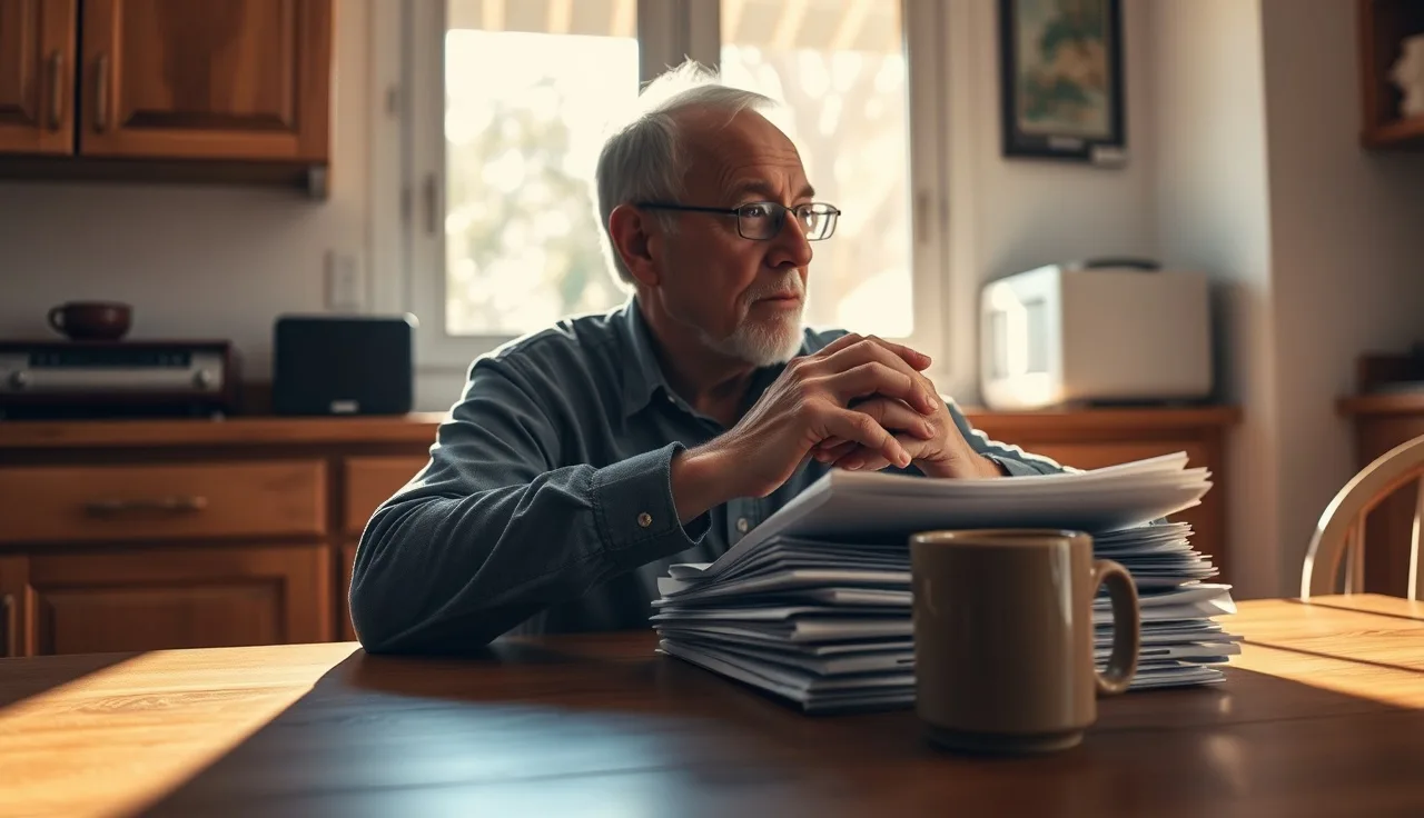 Older man sitting at kitchen table with disability paperwork in morning light