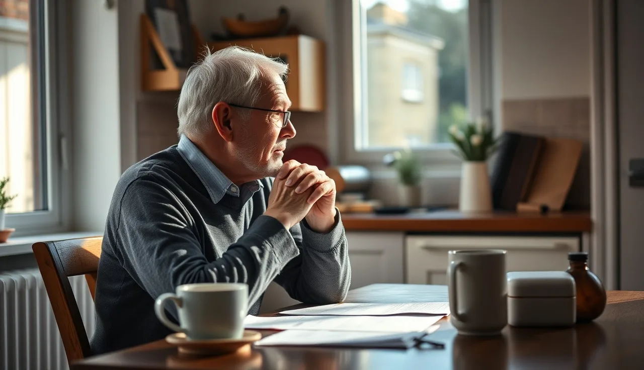 Older man at kitchen table reviewing disability and retirement benefit documents