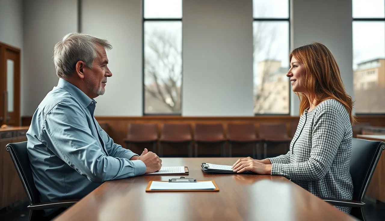 Two people reviewing disability paperwork at a table in a government office waiting room