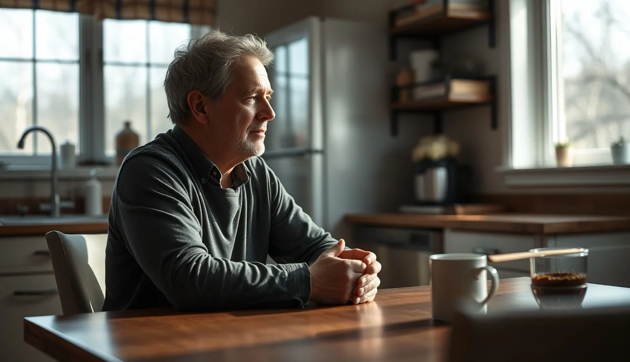 Middle-aged man at kitchen table looking toward window, representing SSDI disability planning at age 44