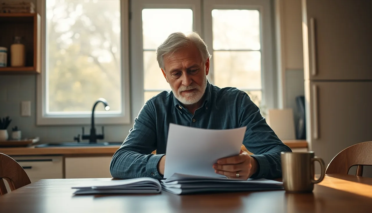 Man reviewing disability paperwork at kitchen table under natural window light