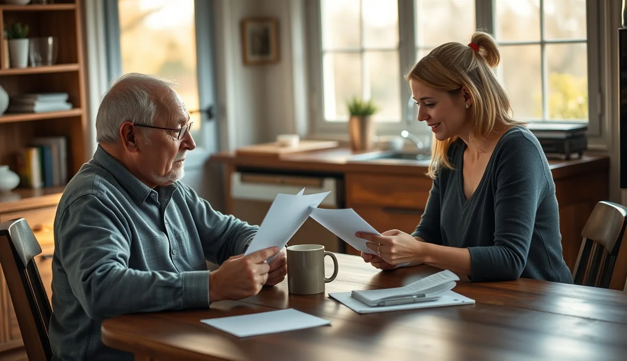 Two people reviewing disability benefit documents at a kitchen table
