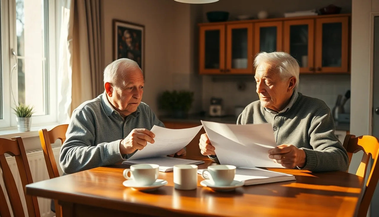 Two older adults reviewing documents at a kitchen table in morning light