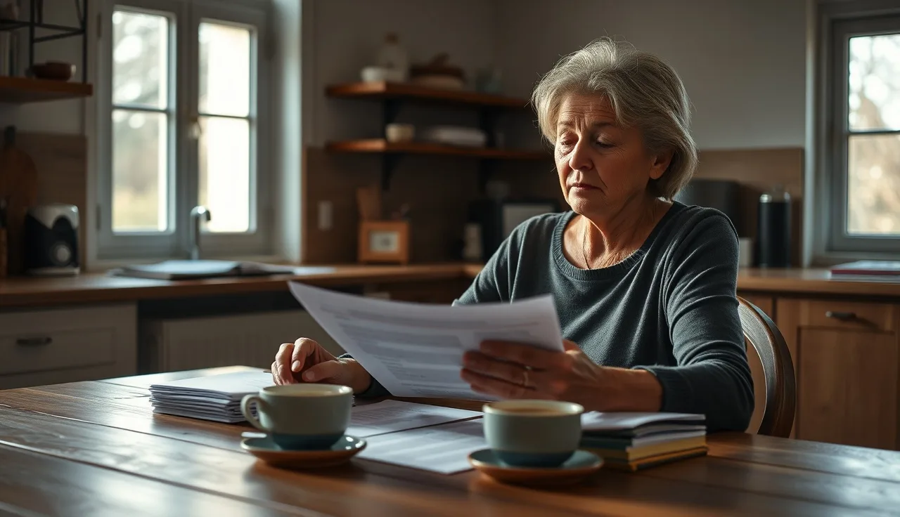 Woman reviewing disability benefit documents at a kitchen table in afternoon light