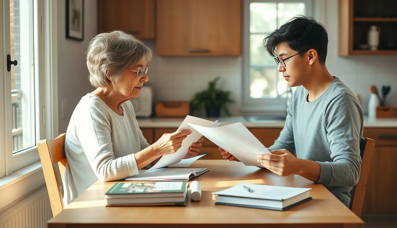 Two people reviewing disability benefit paperwork at a kitchen table in morning light