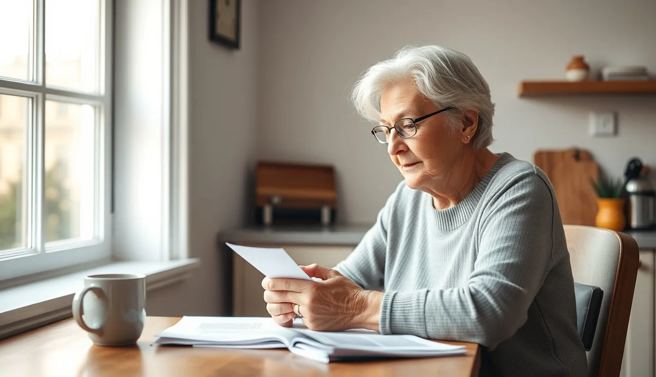 Older woman reviewing disability benefit papers at a kitchen table in morning light