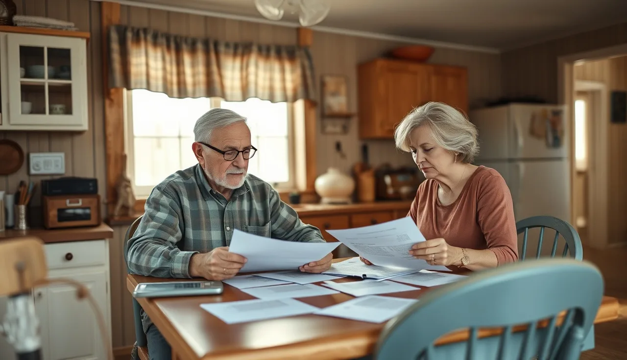 Two Iowa residents reviewing disability benefit paperwork at a kitchen table in morning light