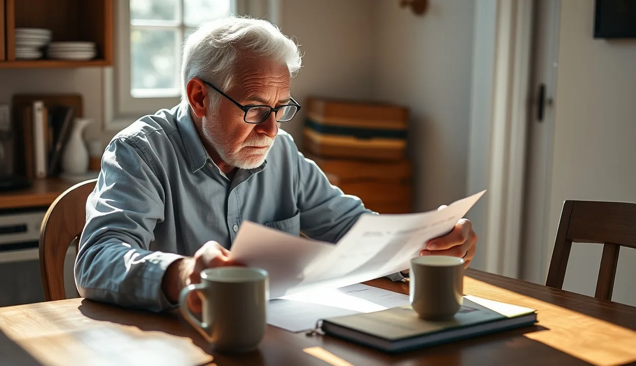 Older man reviewing disability paperwork at kitchen table in morning light