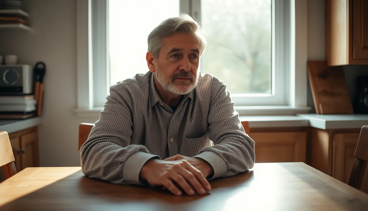 Man sitting at kitchen table in morning light, appearing concerned about SSDI disability requirements