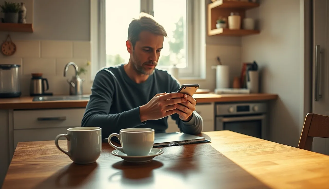 Person checking bank account on phone at kitchen table after SSDI back pay deposit