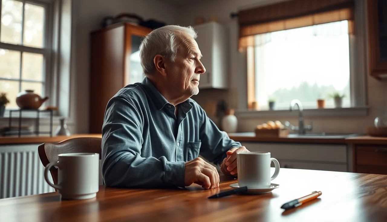 Man sitting at kitchen table in morning light, applying for disability benefits