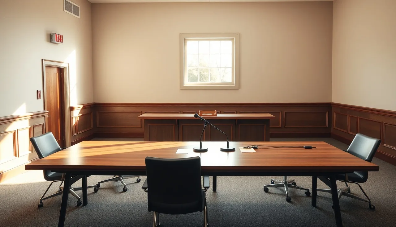 Empty administrative hearing room with wooden table and microphone for a disability hearing