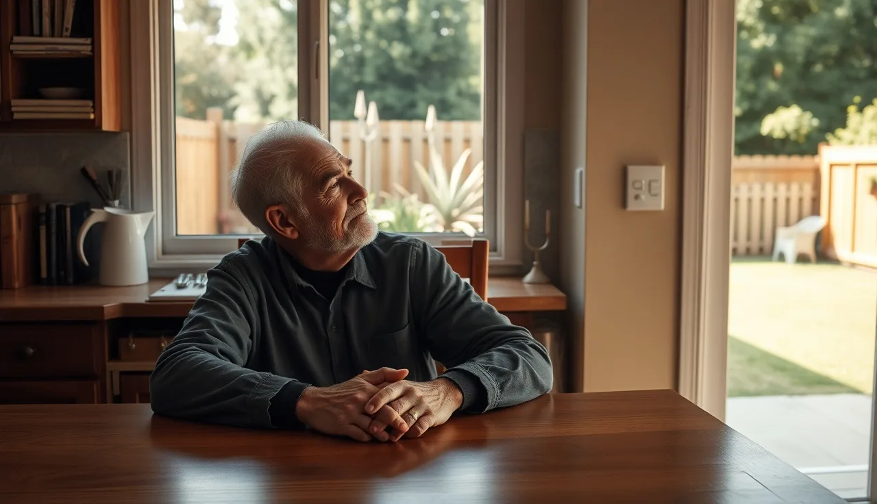 Older man sitting at kitchen table in morning light looking out window