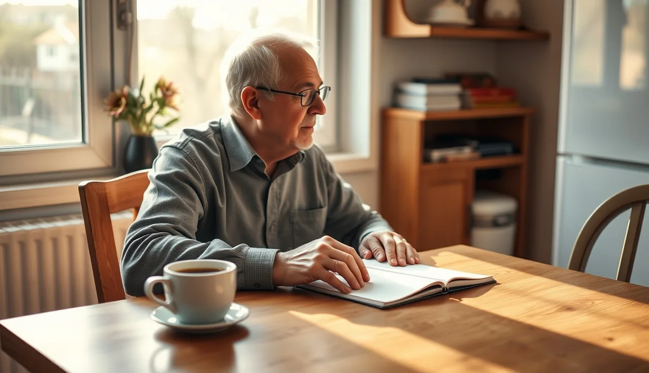 Man sitting at kitchen table looking out window, contemplating disability benefit amount