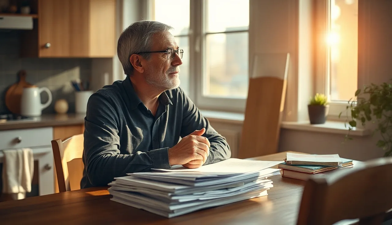 Man at kitchen table reviewing disability paperwork in morning light