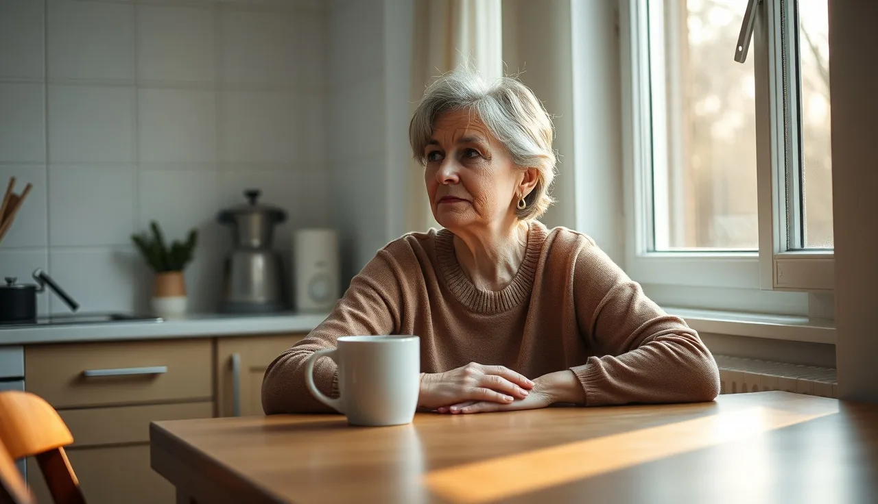 Middle-aged woman sitting at kitchen table in morning light, looking out window