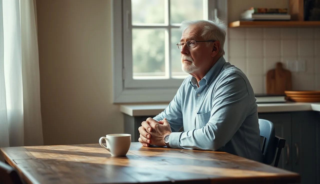 Man sitting at kitchen table in morning light, reflecting on disability benefits