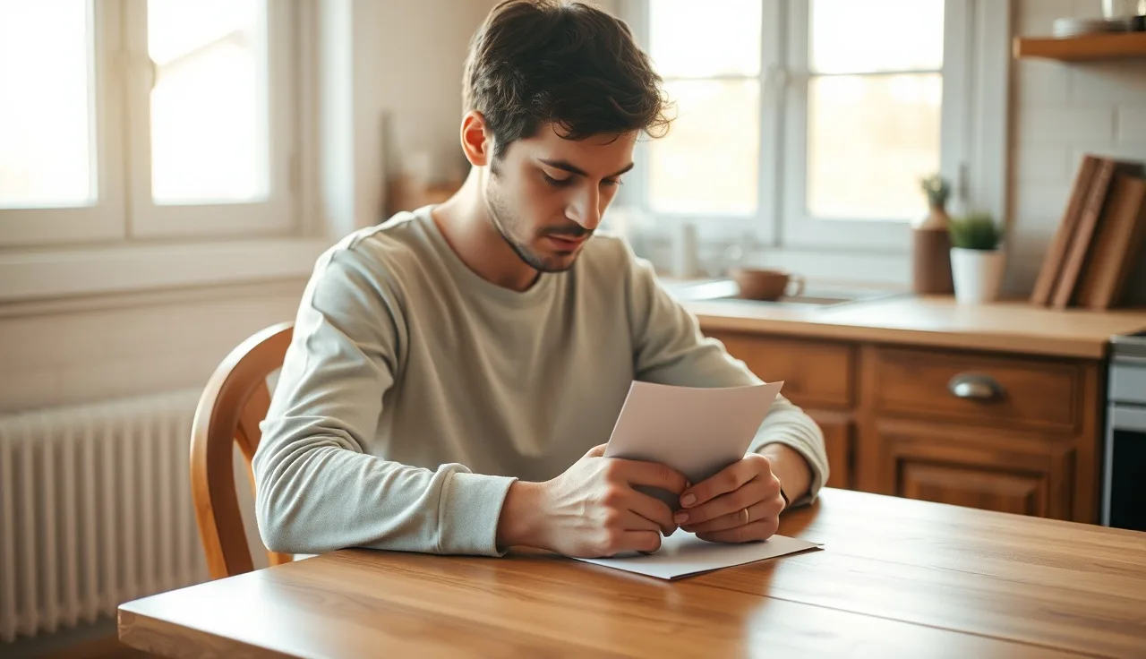 Person waiting at kitchen table holding an envelope related to disability benefits