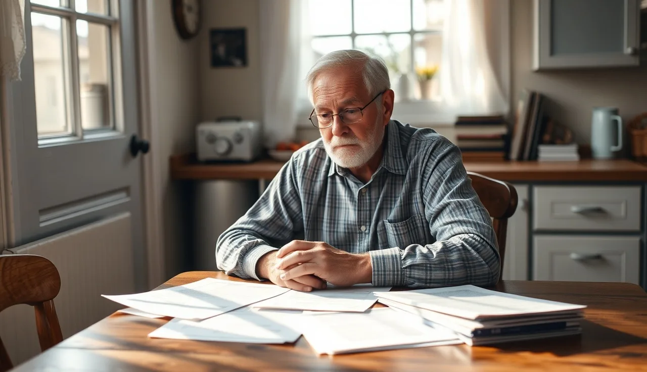 Man in his fifties reviewing disability paperwork at a kitchen table in morning light