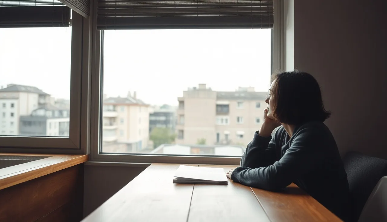 Person sitting at a table by a window, reflecting on mental health disability paperwork