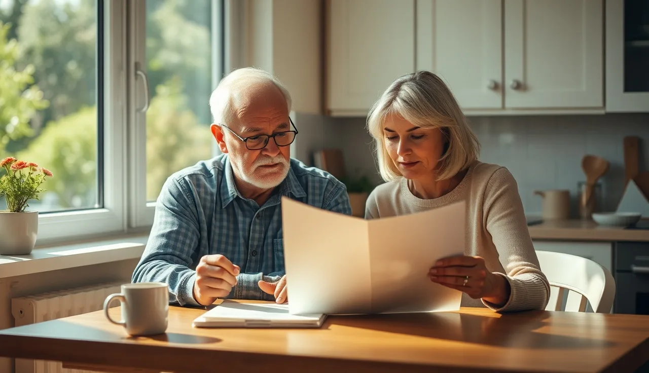 Two people reviewing disability benefit forms at a kitchen table in morning light