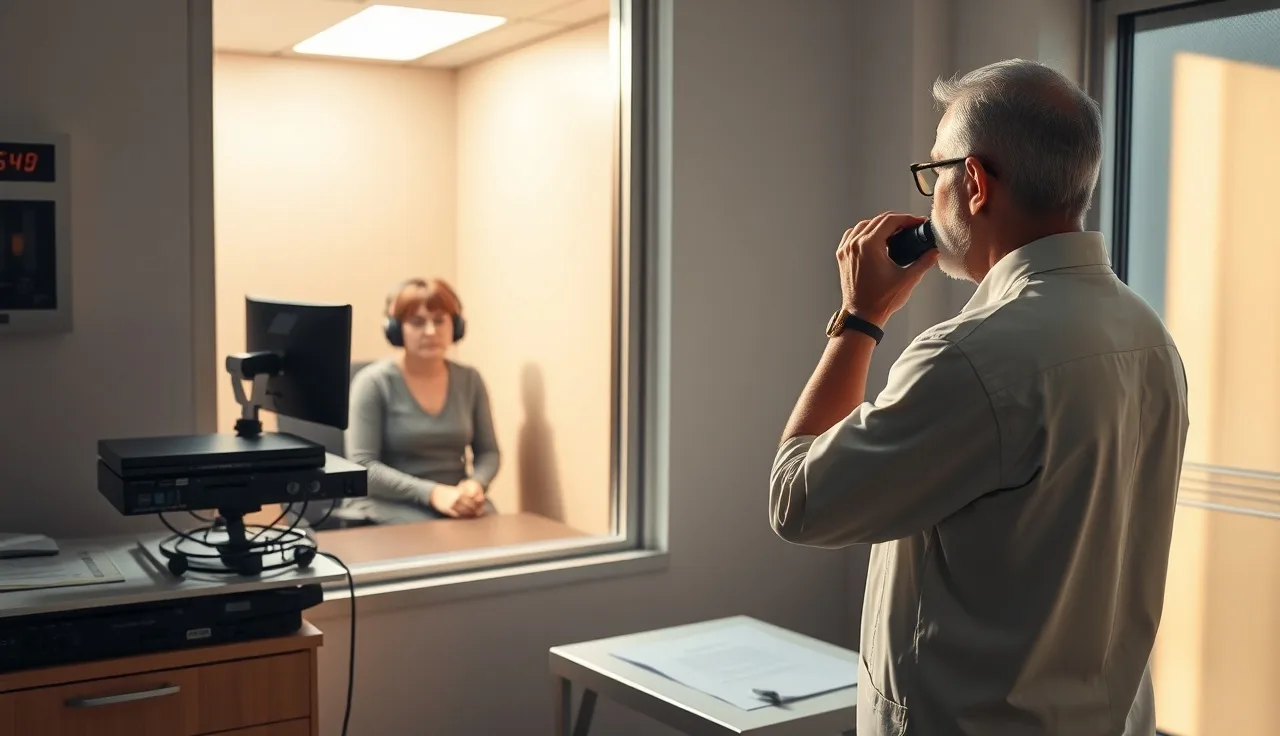 Audiologist and patient during hearing test in a sound booth clinic