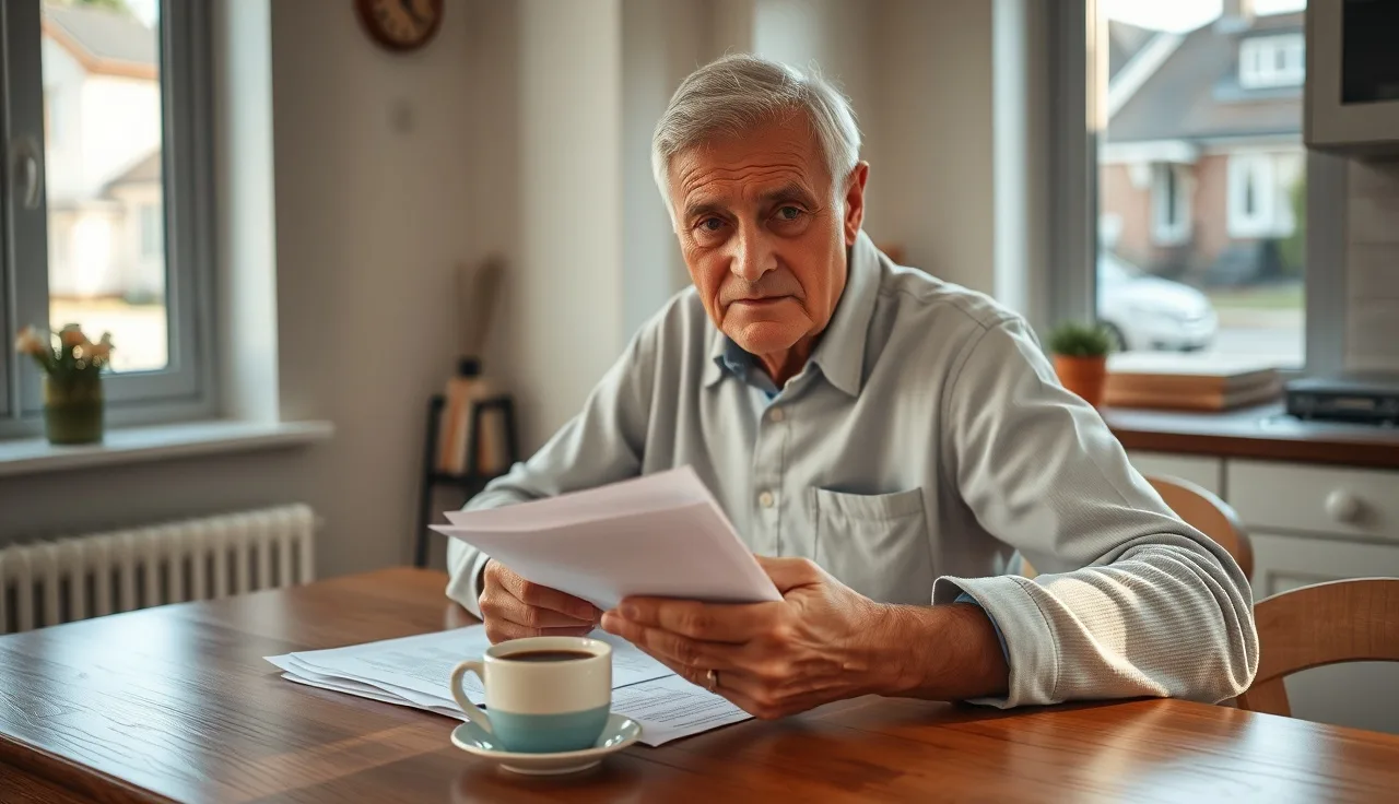 Older man reviewing disability paperwork at a kitchen table in morning light