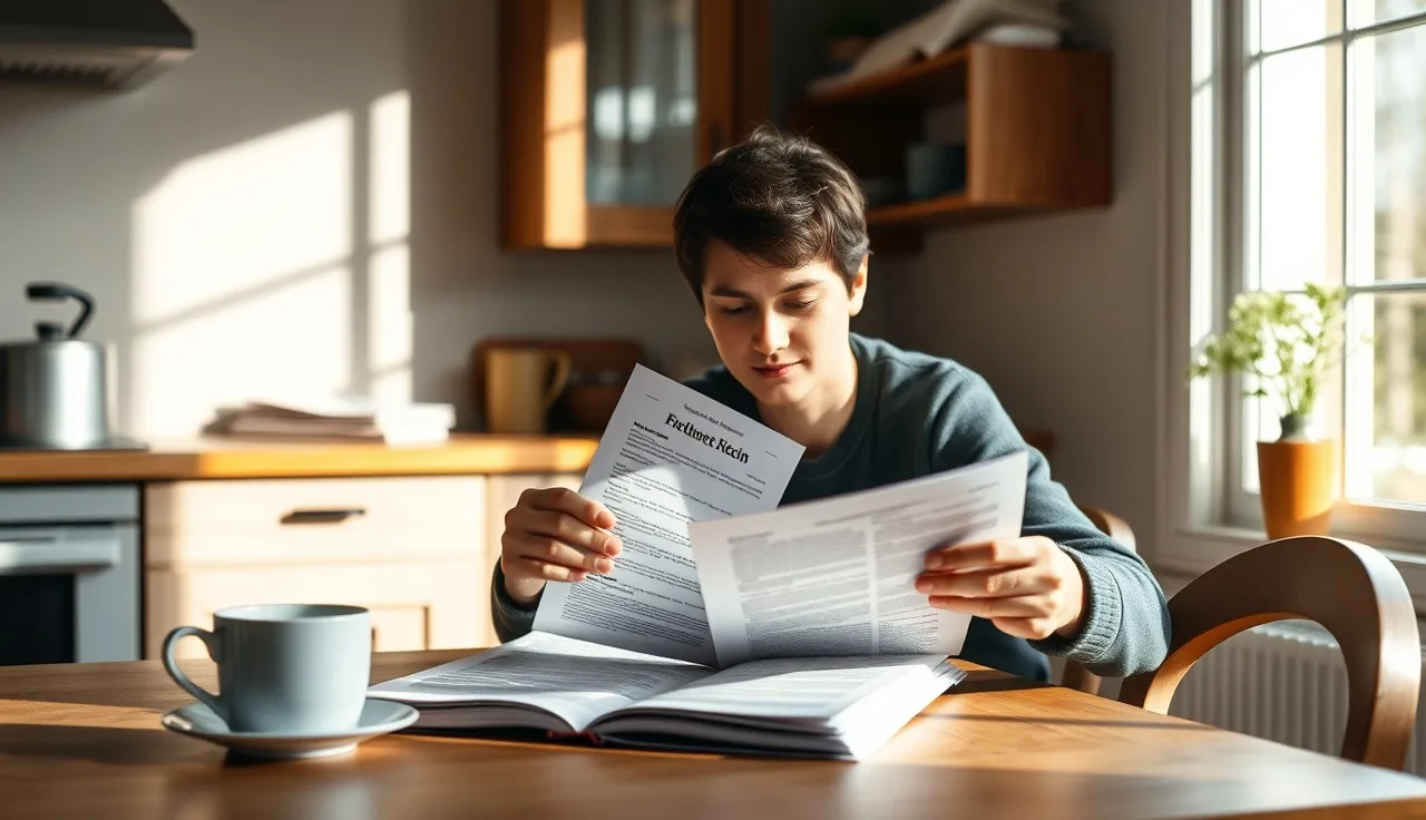 Person reading a multi-page SSDI benefit award letter at a kitchen table