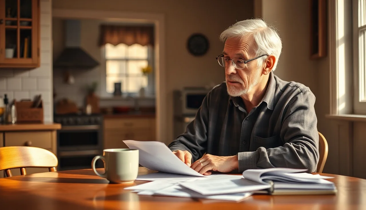 Man reviewing disability paperwork at kitchen table in afternoon light
