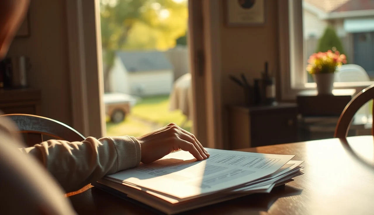 Person reviewing disability paperwork at kitchen table with morning light