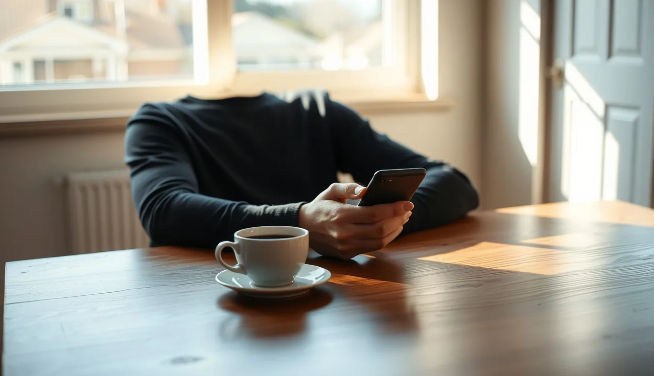 Person checking phone at kitchen table for SSDI payment deposit morning