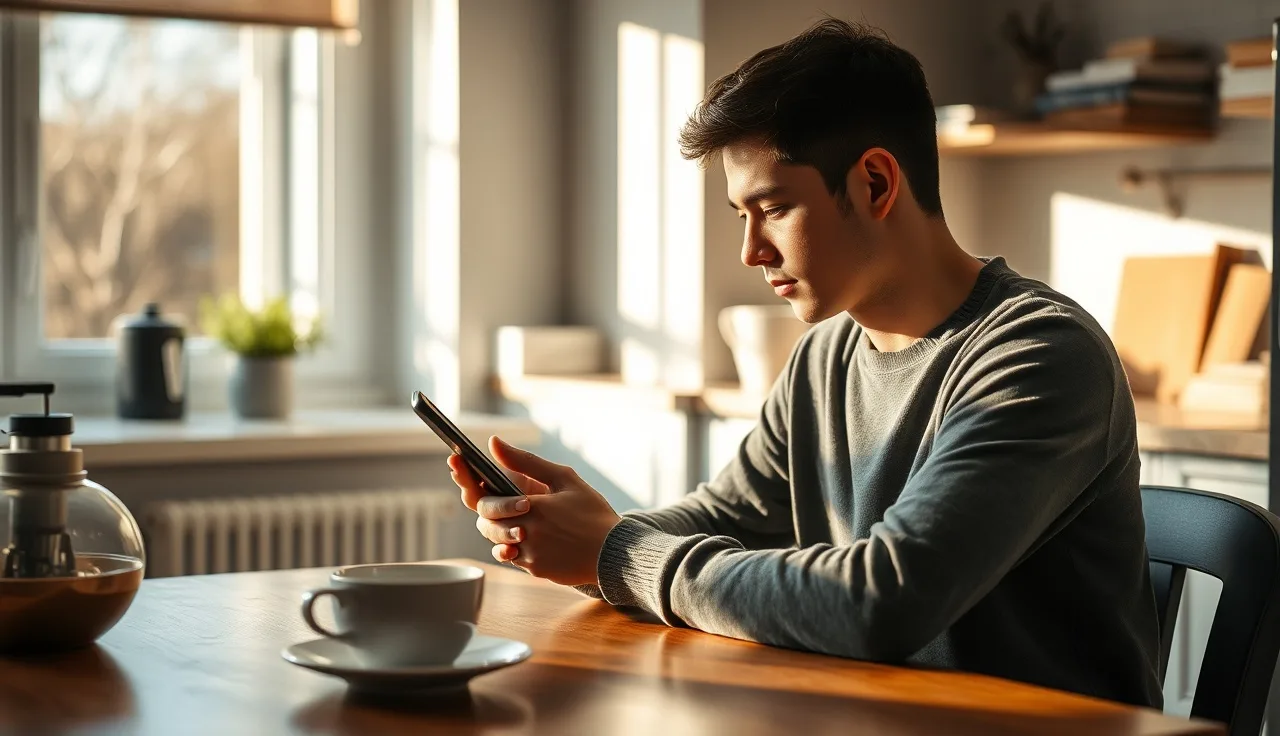 Person at kitchen table checking phone for SSDI payment deposit status