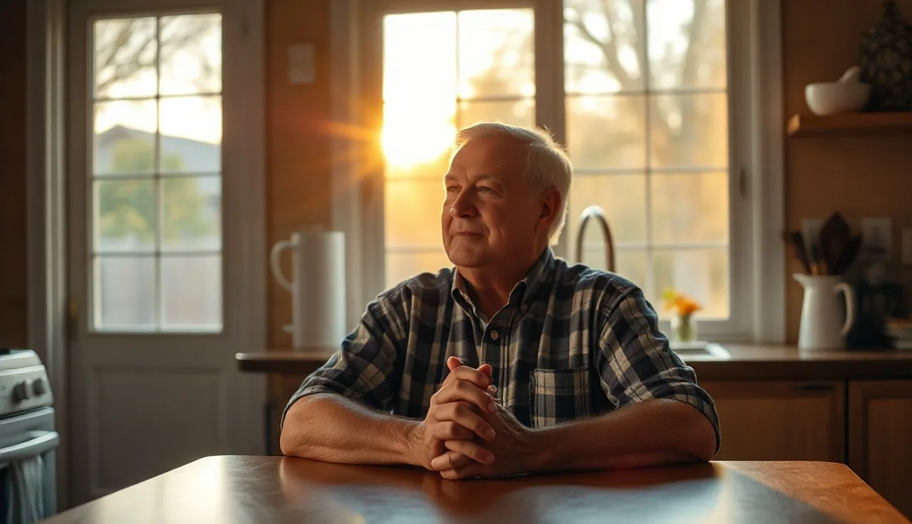 Older man sitting calmly at kitchen table, morning light, approaching retirement age